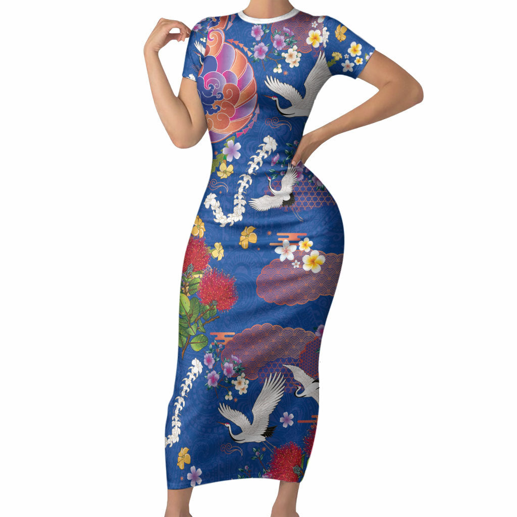 Hawaiian and Japanese Culture Together Short Sleeve Bodycon Dress Kakau Tribal Pattern and Irezumi Art Blue Color