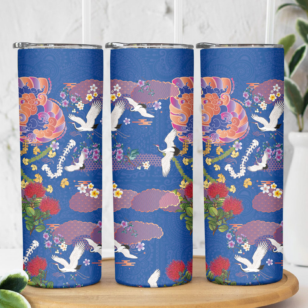 Hawaiian and Japanese Culture Together Skinny Tumbler Kakau Tribal Pattern and Irezumi Art Blue Color