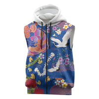 Hawaiian and Japanese Culture Together Sleeveless Zip Hoodie Kakau Tribal Pattern and Irezumi Art Blue Color