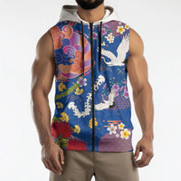 Hawaiian and Japanese Culture Together Sleeveless Zip Hoodie Kakau Tribal Pattern and Irezumi Art Blue Color