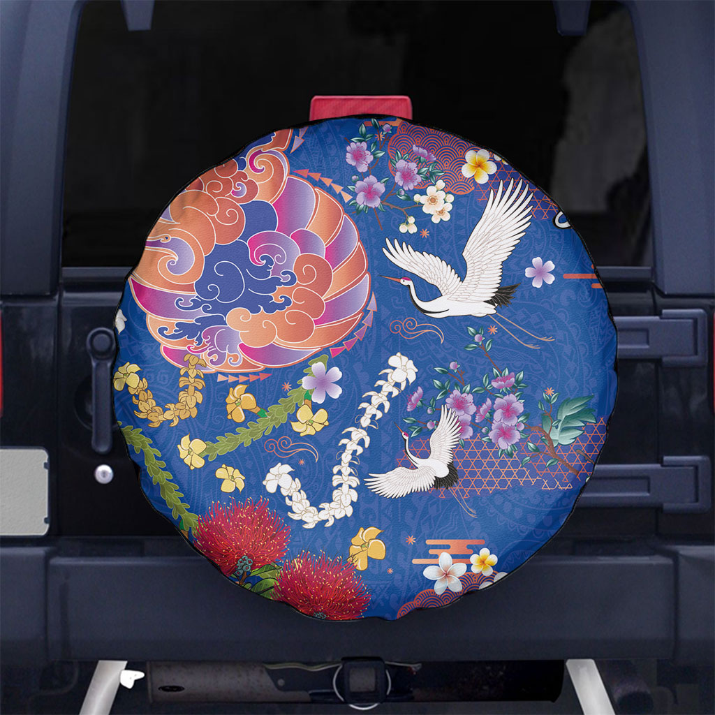Hawaiian and Japanese Culture Together Spare Tire Cover Kakau Tribal Pattern and Irezumi Art Blue Color