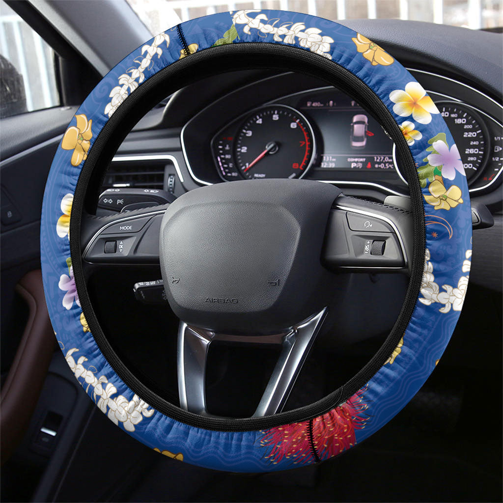 Hawaiian and Japanese Culture Together Steering Wheel Cover Kakau Tribal Pattern and Irezumi Art Blue Color