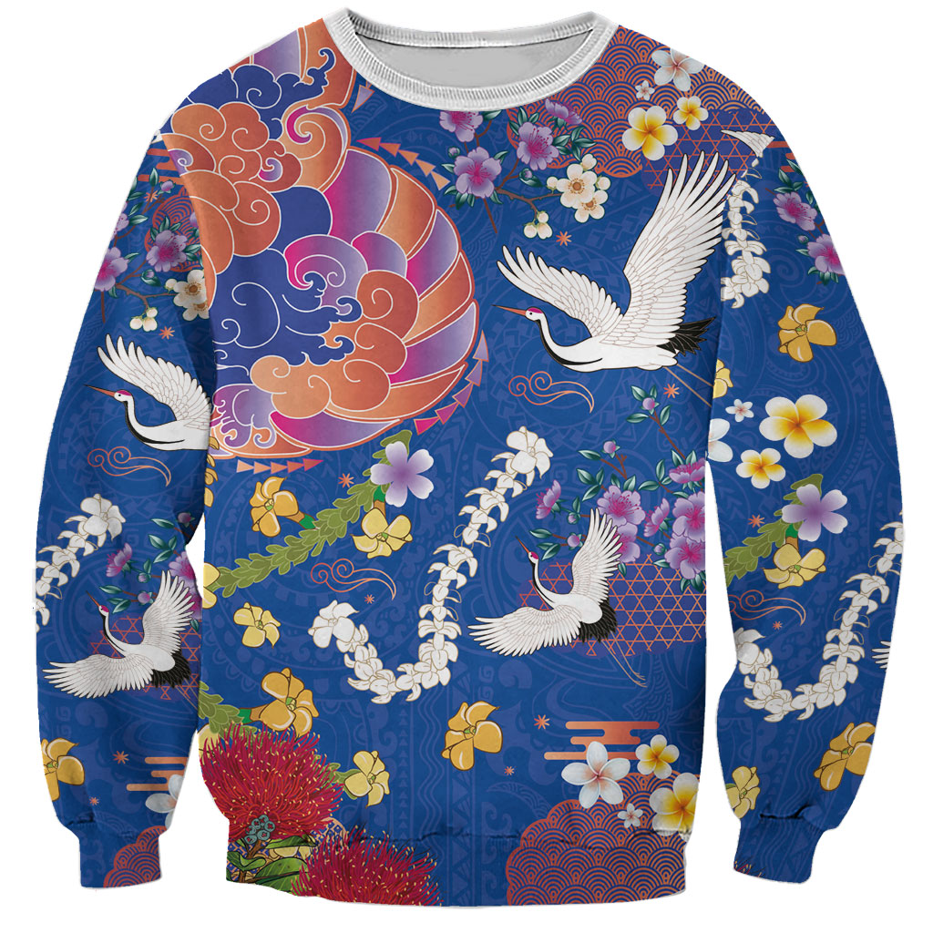 Hawaiian and Japanese Culture Together Sweatshirt Kakau Tribal Pattern and Irezumi Art Blue Color LT03 Unisex Blue - Polynesian Pride