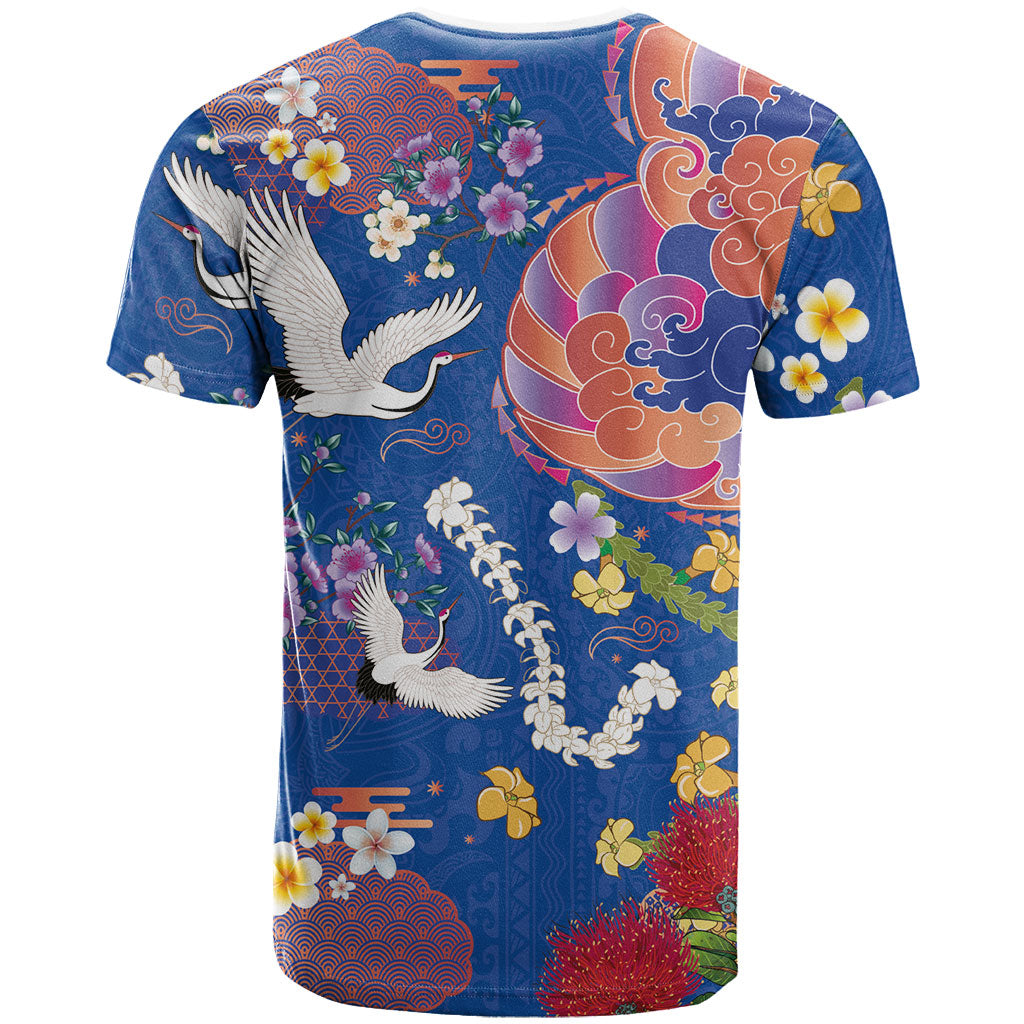 Hawaiian and Japanese Culture Together T Shirt Kakau Tribal Pattern and Irezumi Art Blue Color