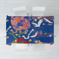 Hawaiian and Japanese Culture Together Tablecloth Kakau Tribal Pattern and Irezumi Art Blue Color