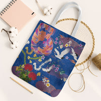 Hawaiian and Japanese Culture Together Tote Bag Kakau Tribal Pattern and Irezumi Art Blue Color