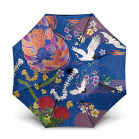 Hawaiian and Japanese Culture Together Umbrella Kakau Tribal Pattern and Irezumi Art Blue Color