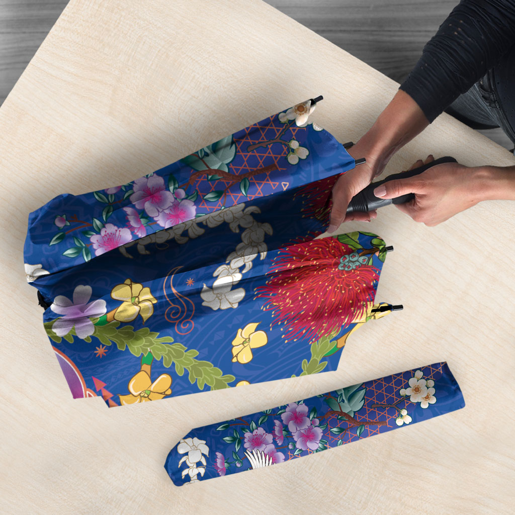 Hawaiian and Japanese Culture Together Umbrella Kakau Tribal Pattern and Irezumi Art Blue Color