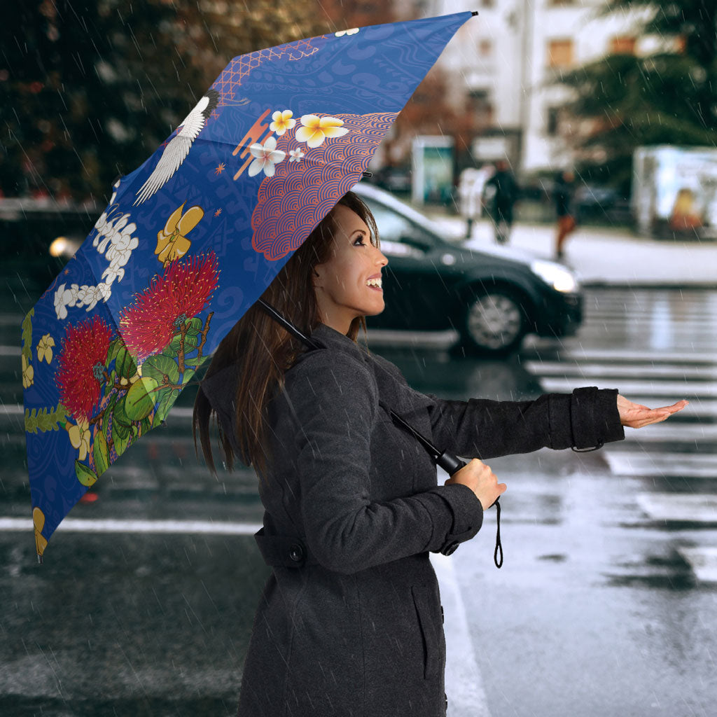 Hawaiian and Japanese Culture Together Umbrella Kakau Tribal Pattern and Irezumi Art Blue Color
