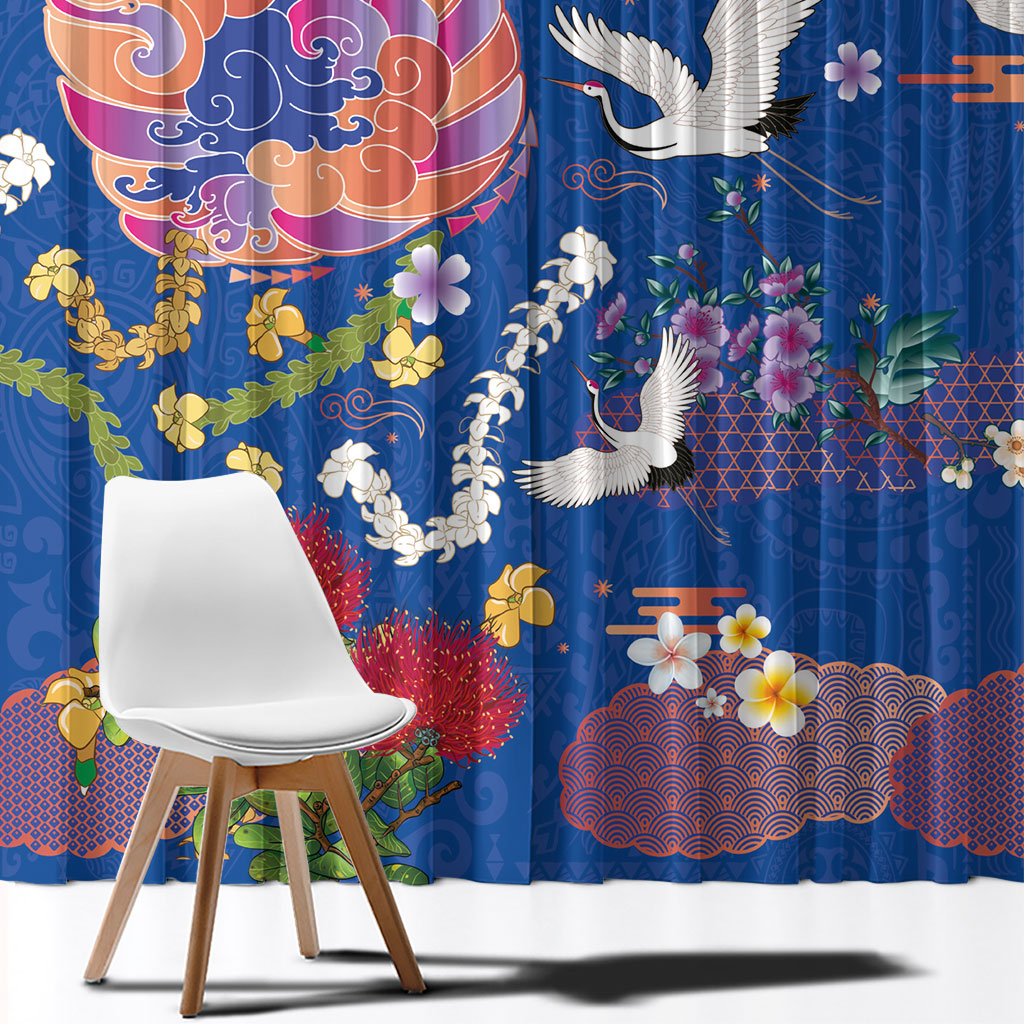 Hawaiian and Japanese Culture Together Window Curtain Kakau Tribal Pattern and Irezumi Art Blue Color