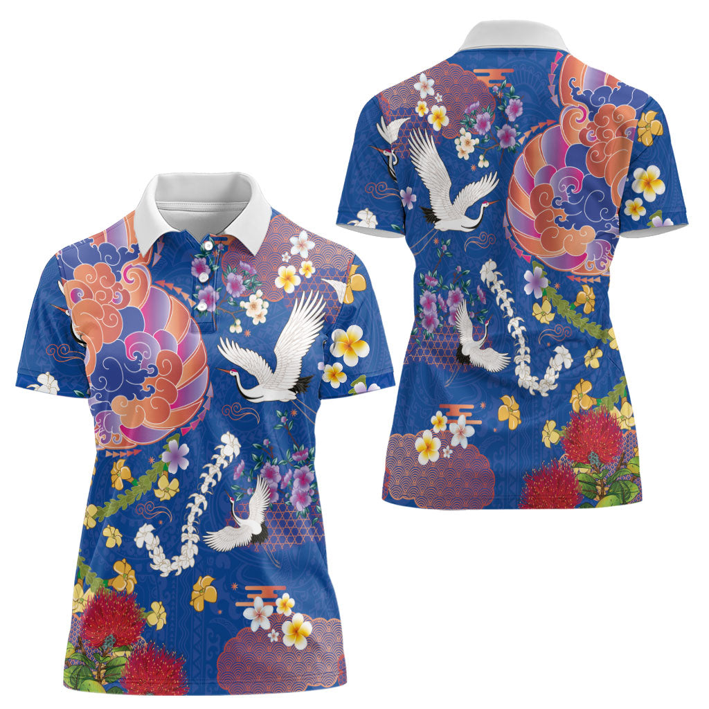 Hawaiian and Japanese Culture Together Women Polo Shirt Kakau Tribal Pattern and Irezumi Art Blue Color