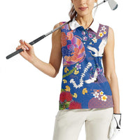 Hawaiian and Japanese Culture Together Women Sleeveless Polo Shirt Kakau Tribal Pattern and Irezumi Art Blue Color