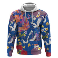 Hawaiian and Japanese Culture Together Zip Hoodie Kakau Tribal Pattern and Irezumi Art Blue Color