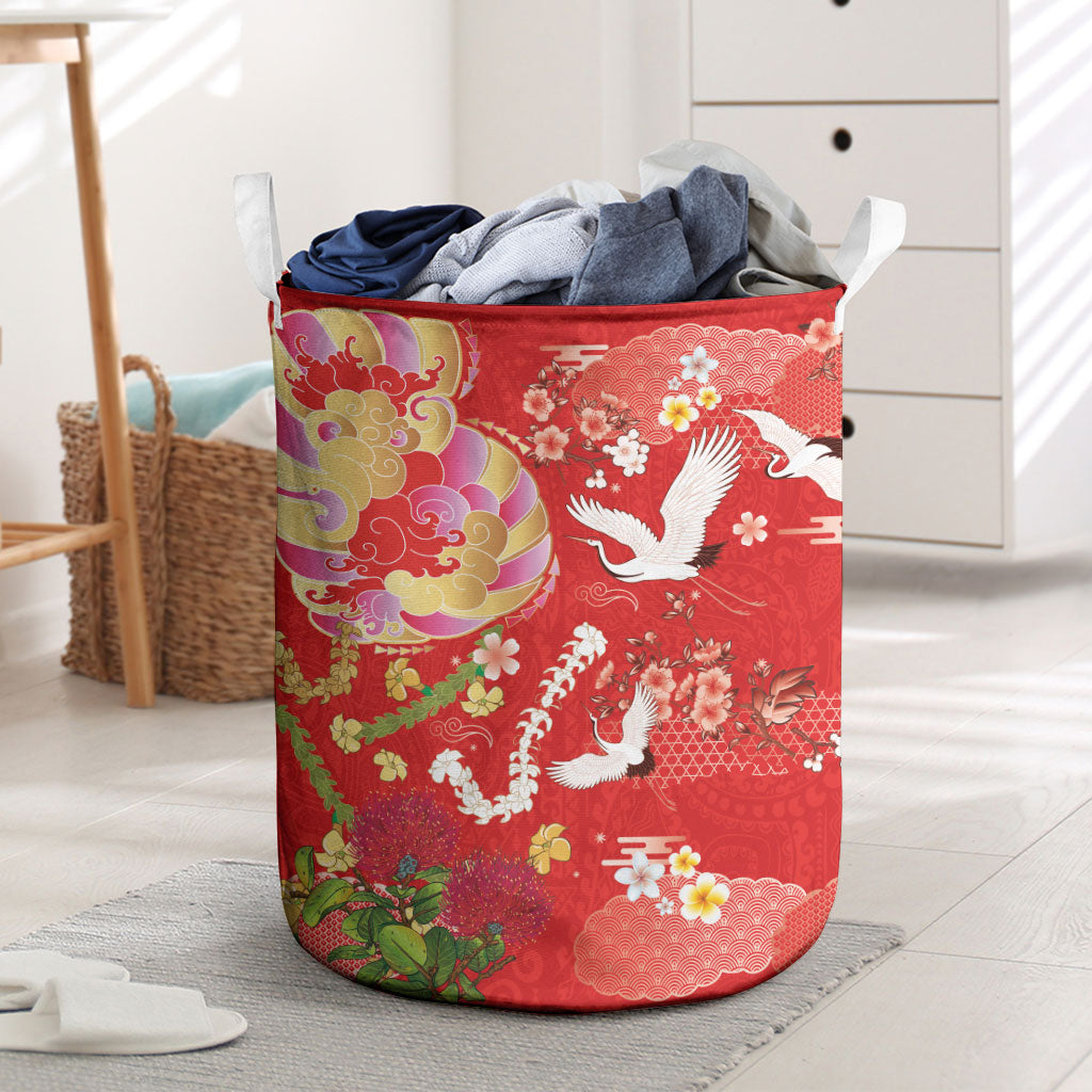 Hawaiian and Japanese Culture Together Laundry Basket Kakau Tribal Pattern and Irezumi Art Red Color LT03 Red - Polynesian Pride