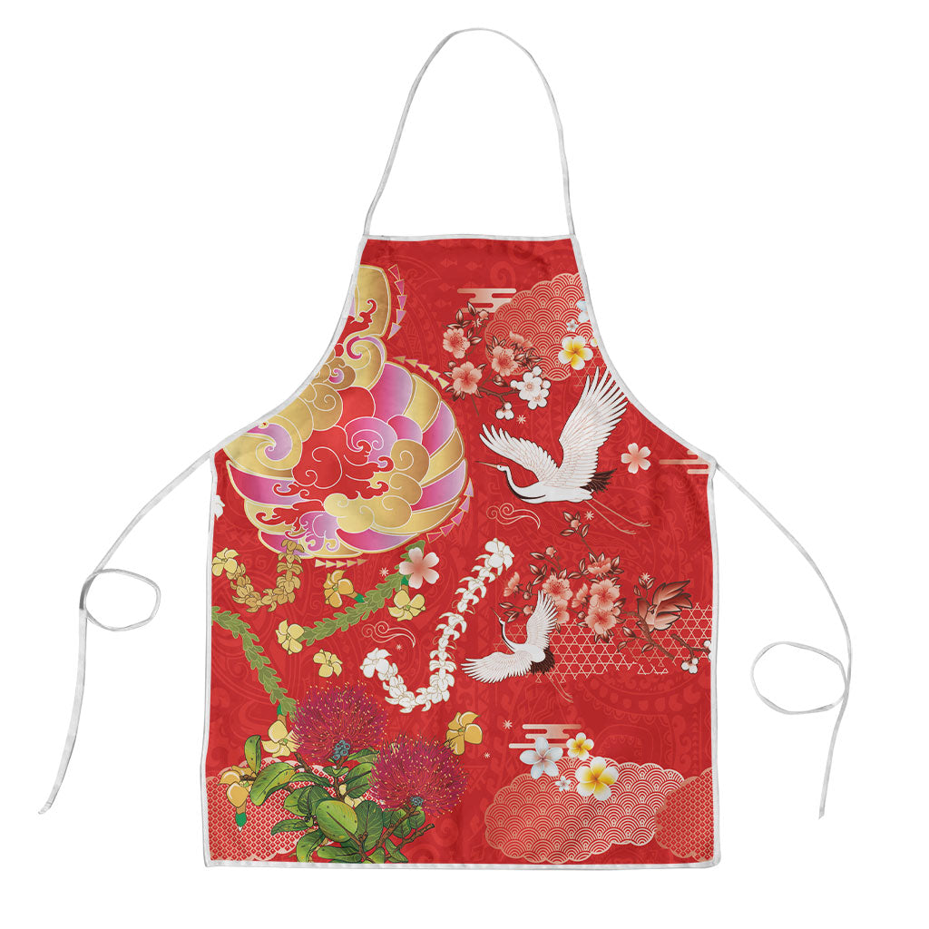 Hawaiian and Japanese Culture Together Apron Kakau Tribal Pattern and Irezumi Art Red Color