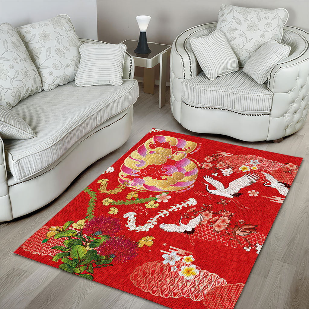 Hawaiian and Japanese Culture Together Area Rug Kakau Tribal Pattern and Irezumi Art Red Color