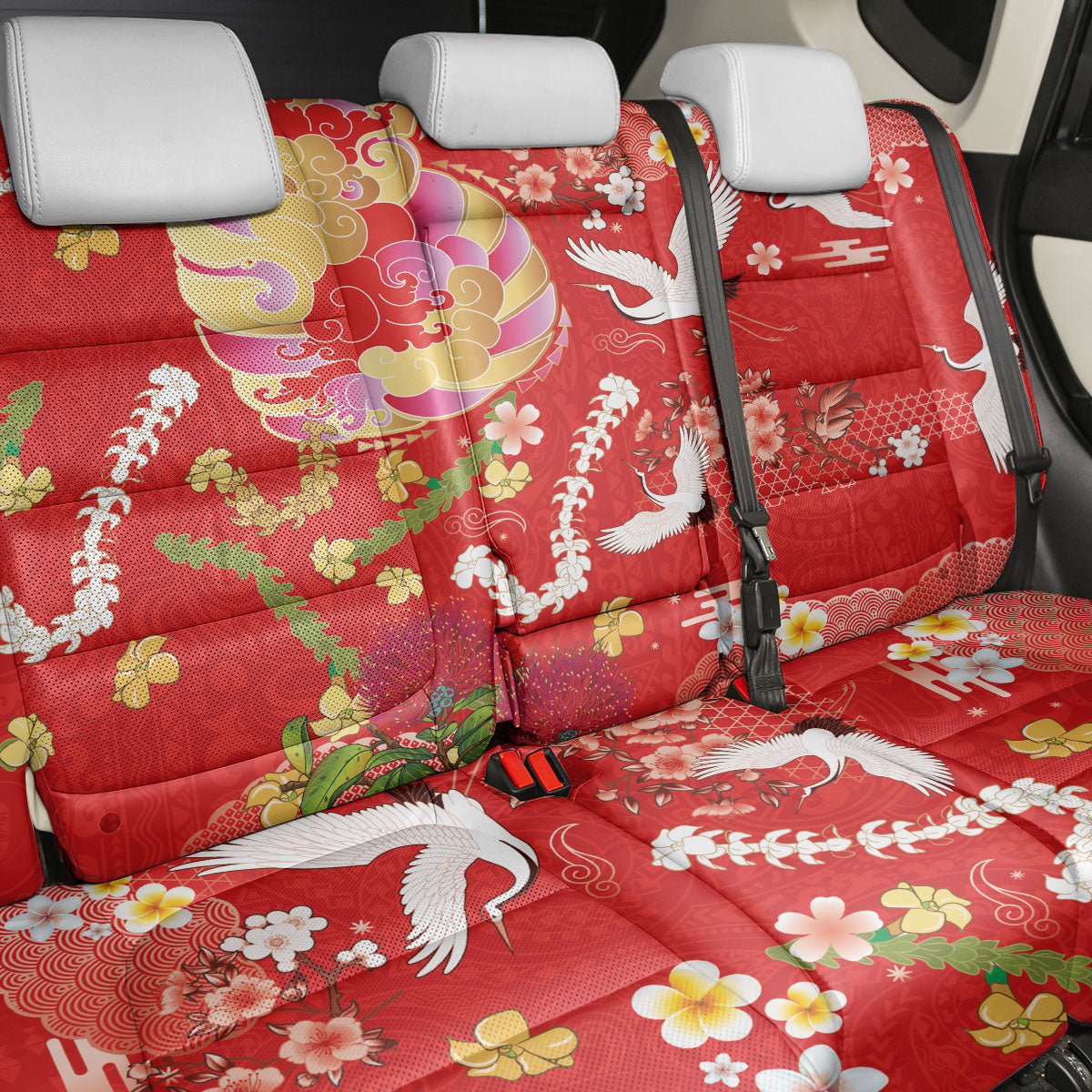 Hawaiian and Japanese Culture Together Back Car Seat Cover Kakau Tribal Pattern and Irezumi Art Red Color