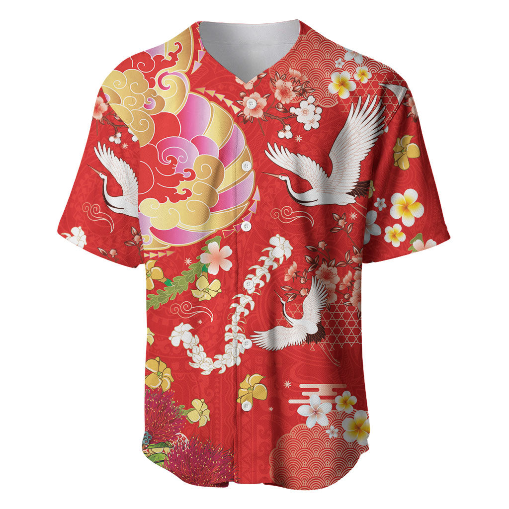 Hawaiian and Japanese Culture Together Baseball Jersey Kakau Tribal Pattern and Irezumi Art Red Color LT03 Red - Polynesian Pride