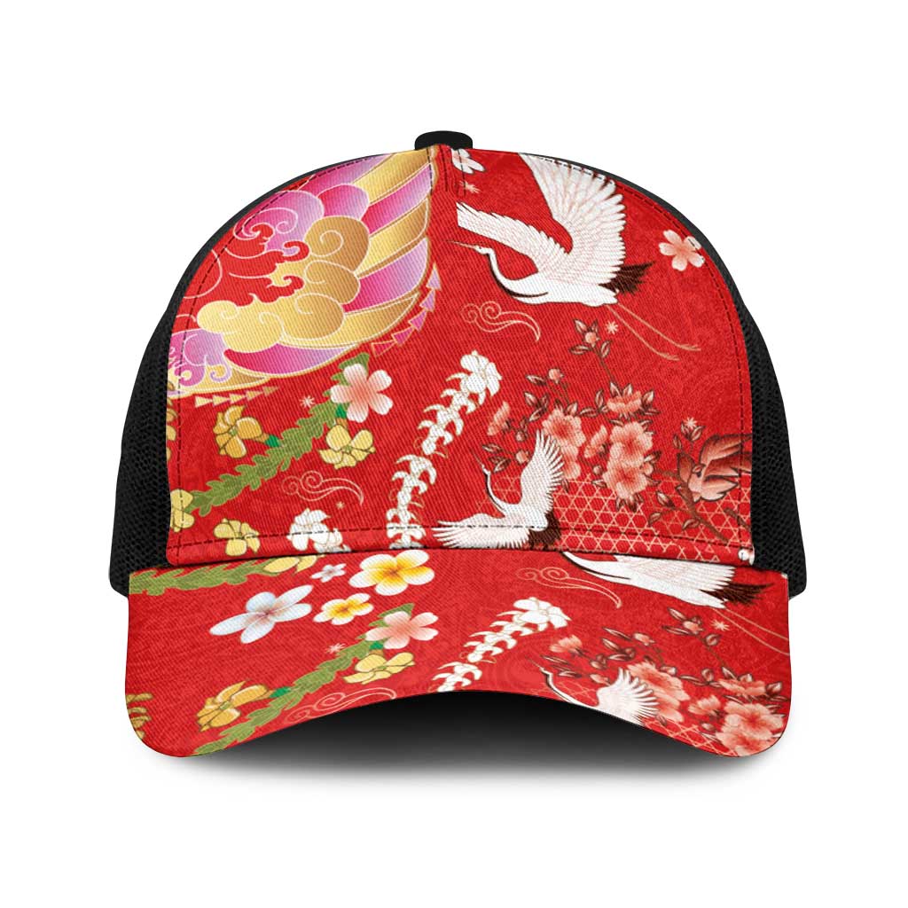Hawaiian and Japanese Culture Together Baseball Net Cap Kakau Tribal Pattern and Irezumi Art Red Color