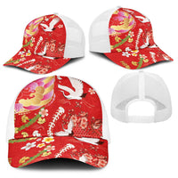 Hawaiian and Japanese Culture Together Baseball Net Cap Kakau Tribal Pattern and Irezumi Art Red Color
