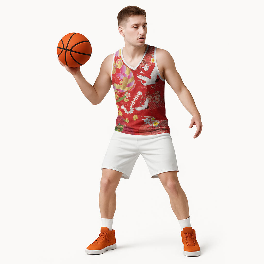 Hawaiian and Japanese Culture Together Basketball Jersey Kakau Tribal Pattern and Irezumi Art Red Color