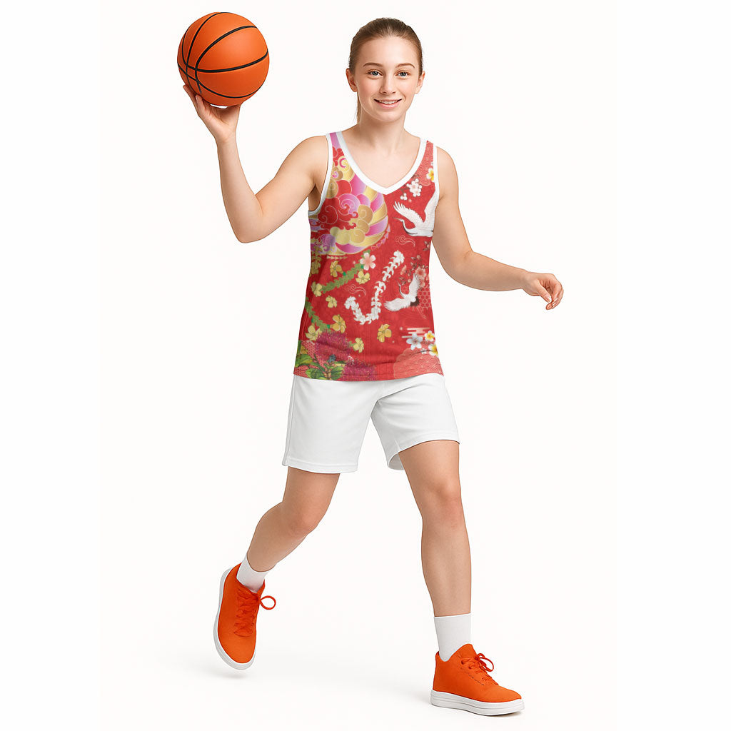 Hawaiian and Japanese Culture Together Basketball Jersey Kakau Tribal Pattern and Irezumi Art Red Color