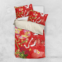 Hawaiian and Japanese Culture Together Bedding Set Kakau Tribal Pattern and Irezumi Art Red Color