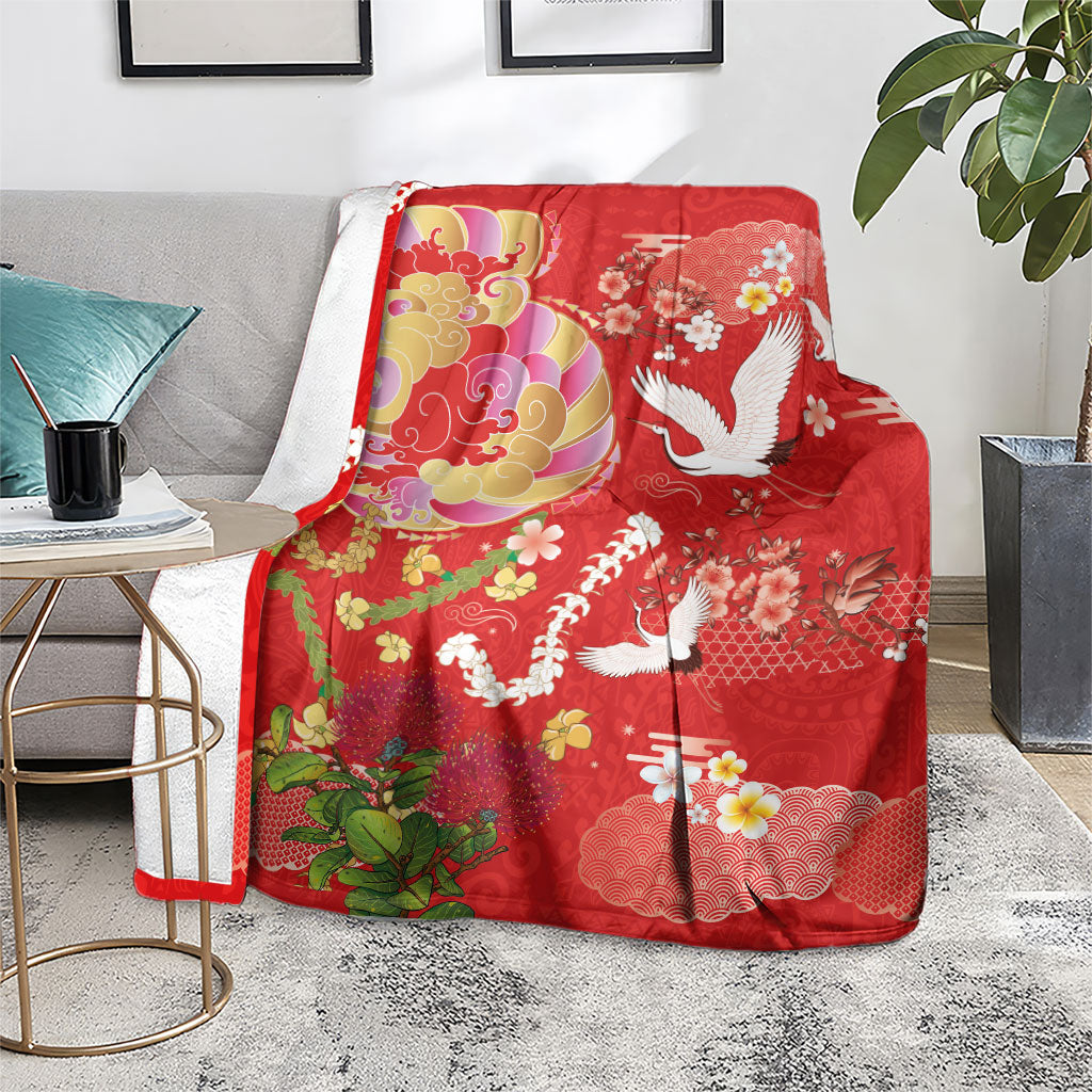 Hawaiian and Japanese Culture Together Blanket Kakau Tribal Pattern and Irezumi Art Red Color