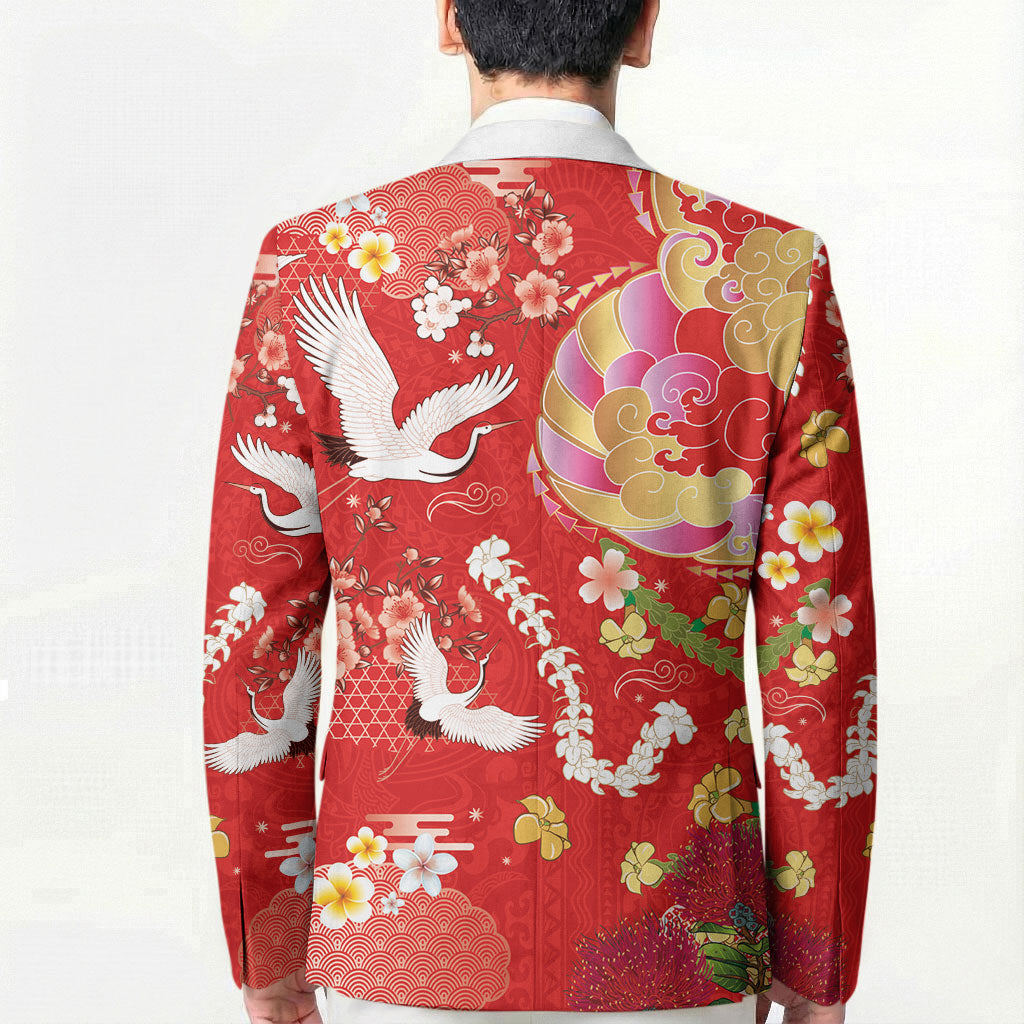 Hawaiian and Japanese Culture Together Blazer Kakau Tribal Pattern and Irezumi Art Red Color