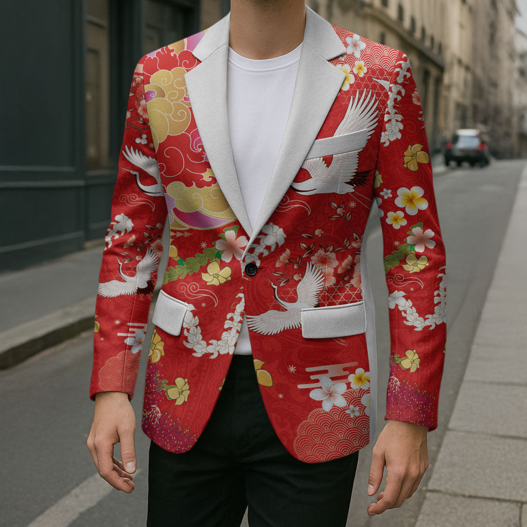 Hawaiian and Japanese Culture Together Blazer Kakau Tribal Pattern and Irezumi Art Red Color
