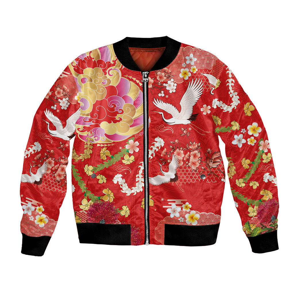 Hawaiian and Japanese Culture Together Bomber Jacket Kakau Tribal Pattern and Irezumi Art Red Color