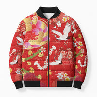 Hawaiian and Japanese Culture Together Bomber Puffer Jacket Kakau Tribal Pattern and Irezumi Art Red Color