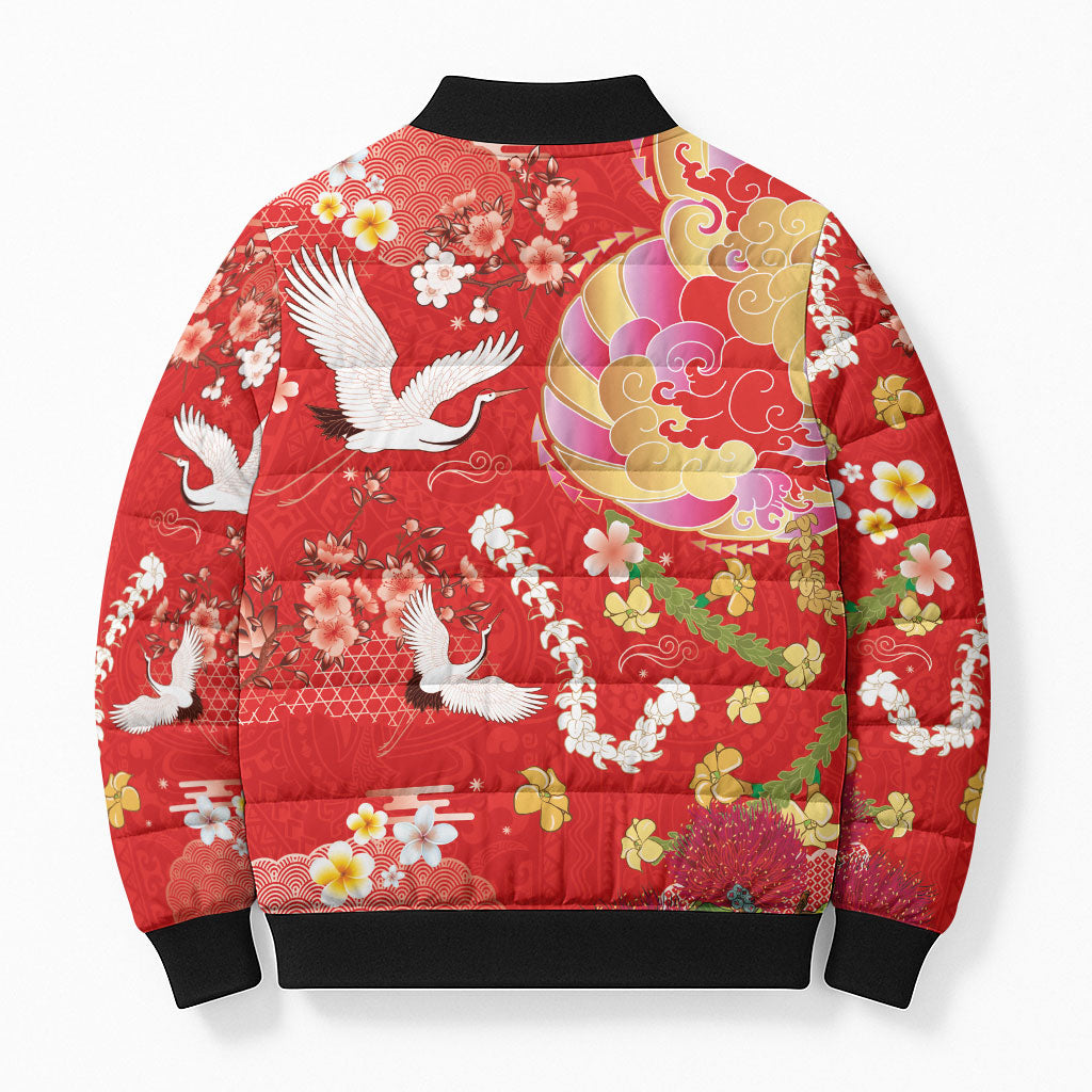Hawaiian and Japanese Culture Together Bomber Puffer Jacket Kakau Tribal Pattern and Irezumi Art Red Color