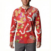 Hawaiian and Japanese Culture Together Button Sweatshirt Kakau Tribal Pattern and Irezumi Art Red Color