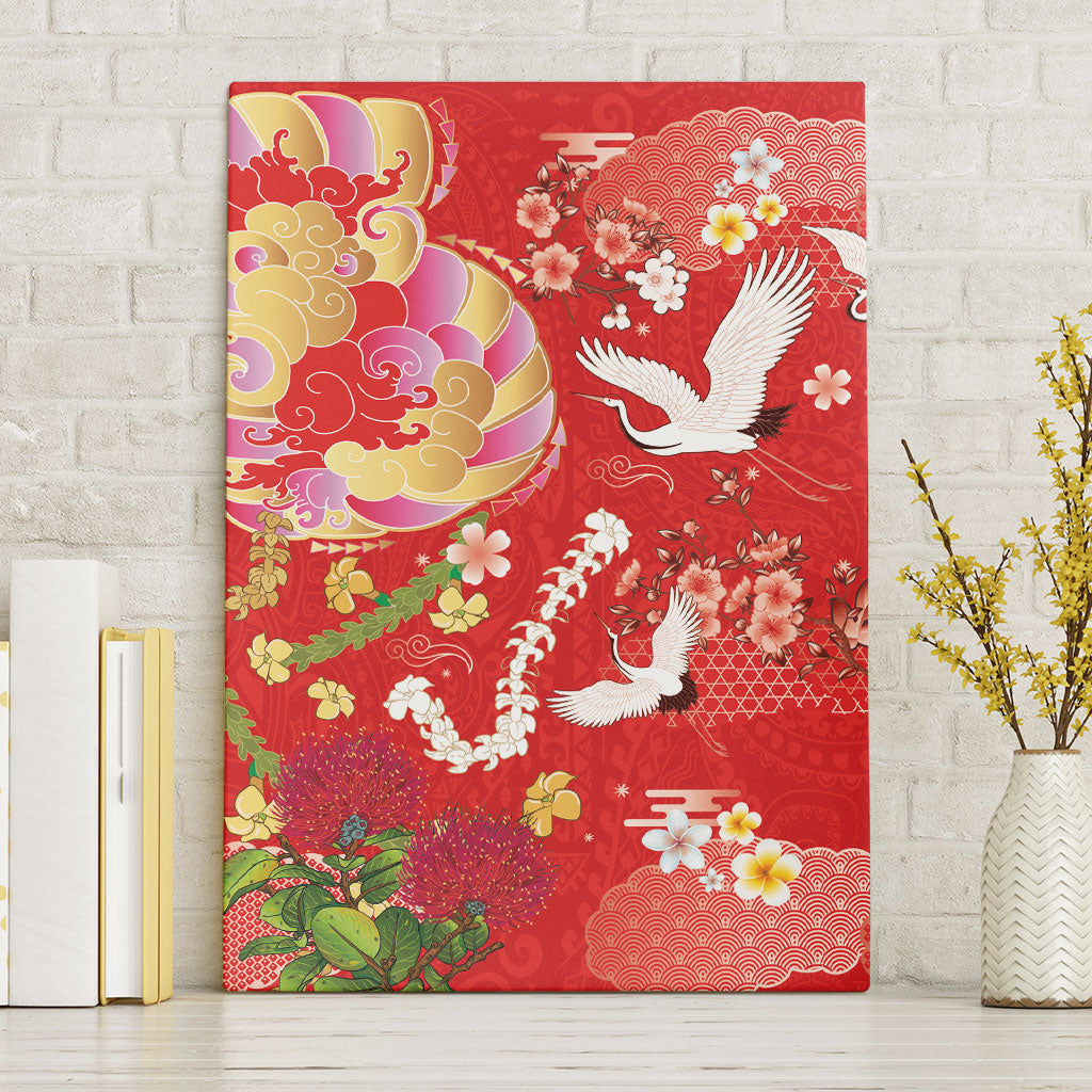 Hawaiian and Japanese Culture Together Canvas Wall Art Kakau Tribal Pattern and Irezumi Art Red Color