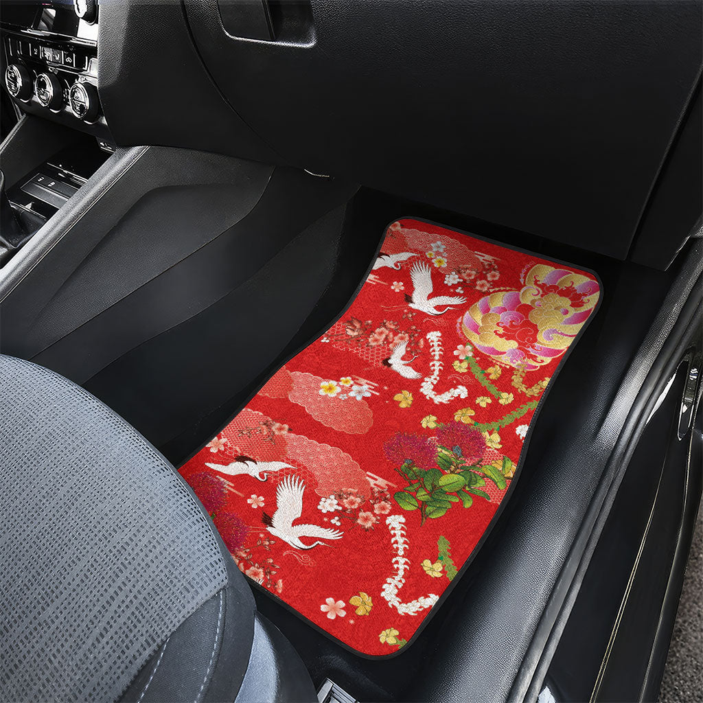Hawaiian and Japanese Culture Together Car Mats Kakau Tribal Pattern and Irezumi Art Red Color