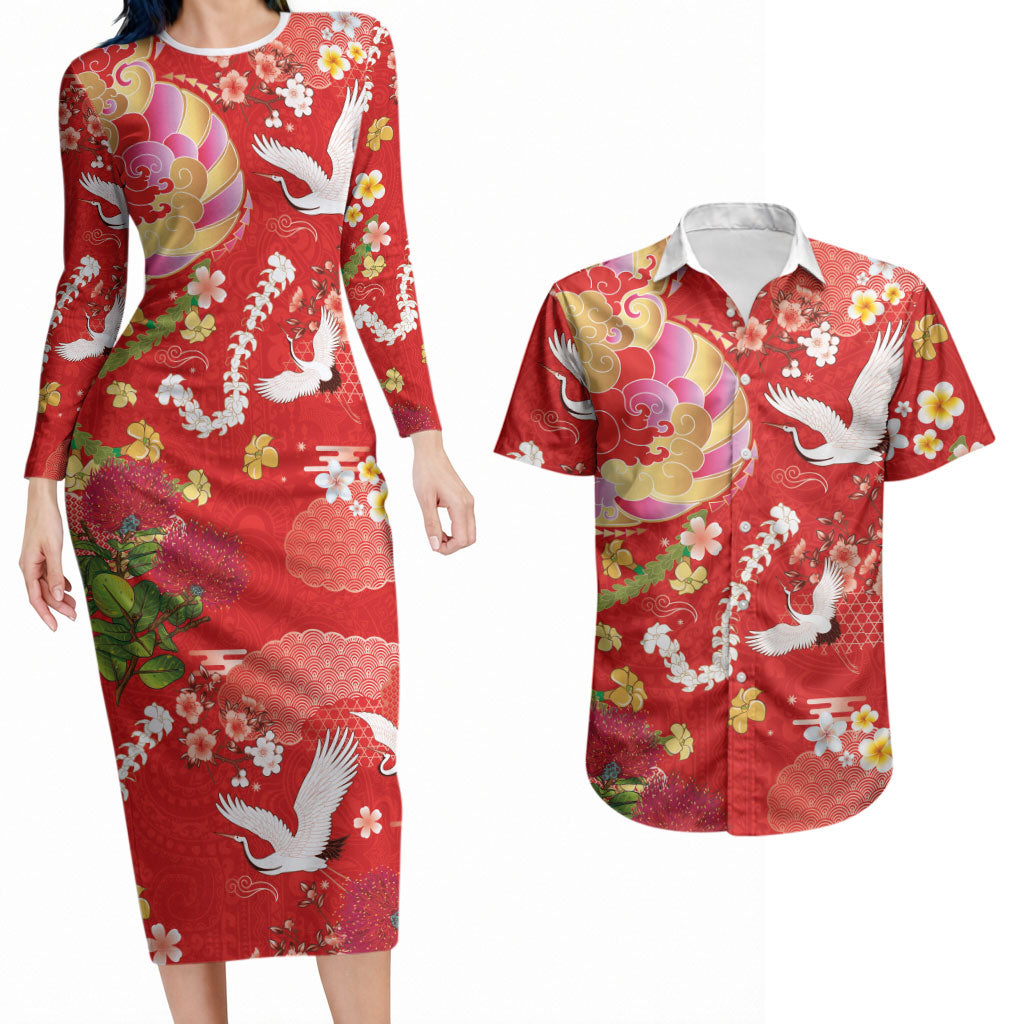 Hawaiian and Japanese Culture Together Couples Matching Long Sleeve Bodycon Dress and Hawaiian Shirt Kakau Tribal Pattern and Irezumi Art Red Color LT03 Red - Polynesian Pride