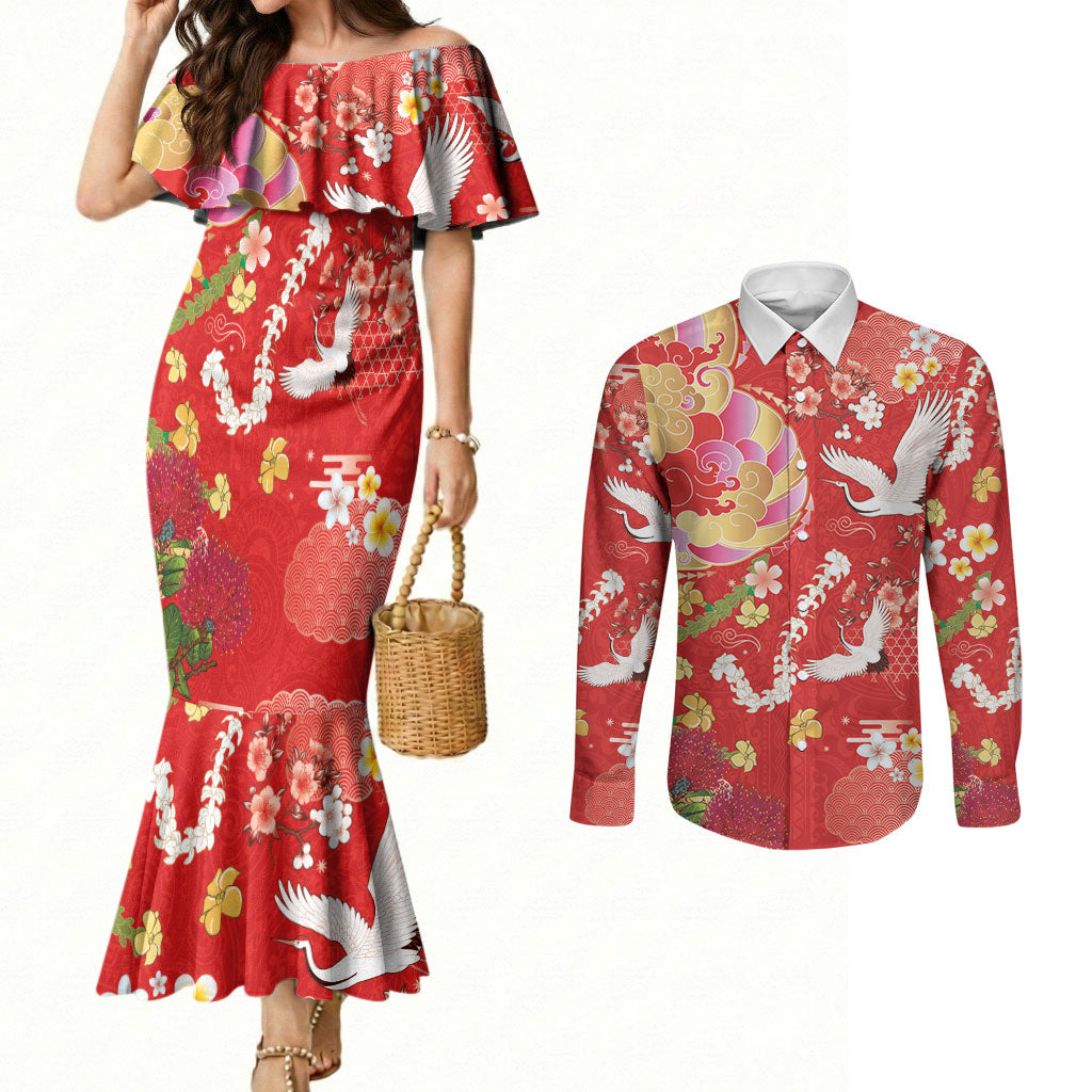 Hawaiian and Japanese Culture Together Couples Matching Mermaid Dress and Long Sleeve Button Shirt Kakau Tribal Pattern and Irezumi Art Red Color