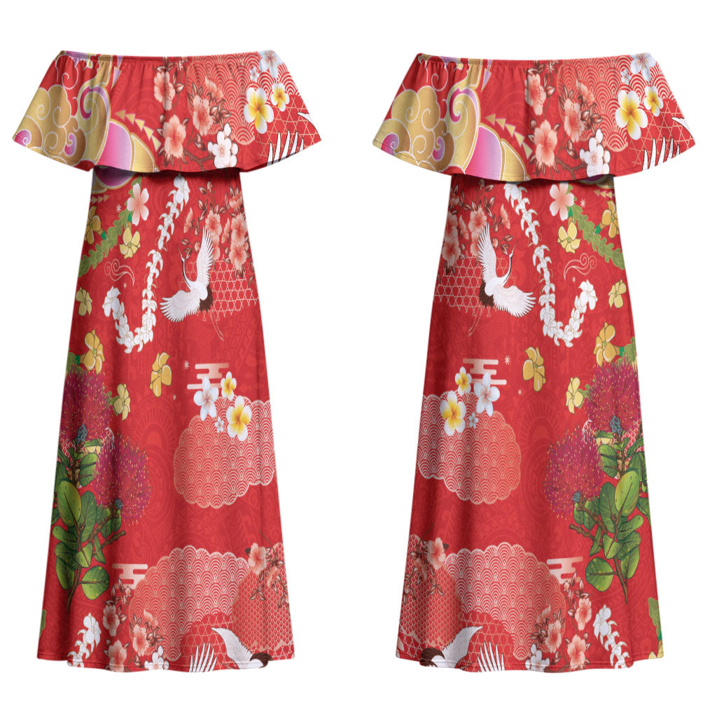 Hawaiian and Japanese Culture Together Couples Matching Off Shoulder Maxi Dress and Long Sleeve Button Shirt Kakau Tribal Pattern and Irezumi Art Red Color