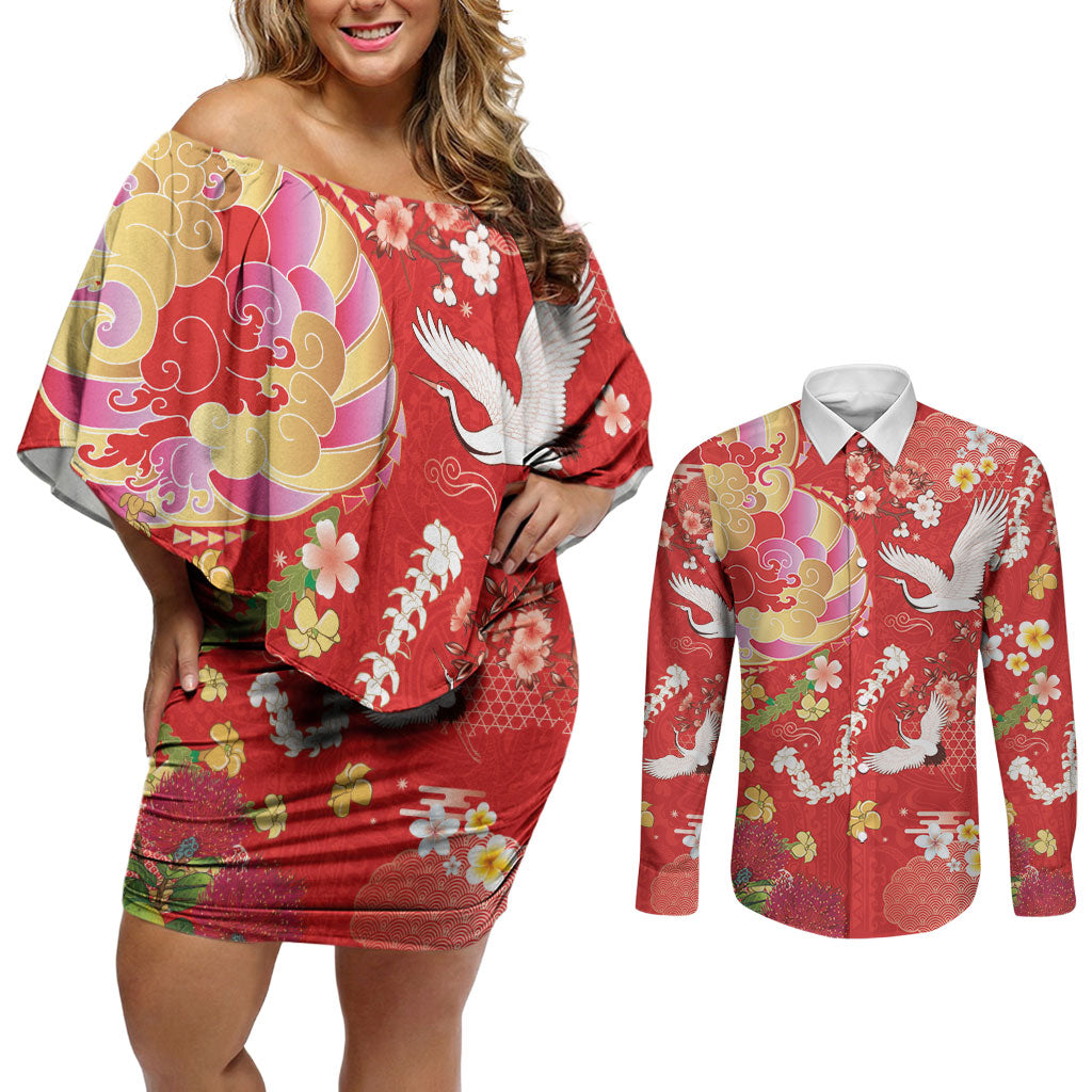 Hawaiian and Japanese Culture Together Couples Matching Off Shoulder Short Dress and Long Sleeve Button Shirt Kakau Tribal Pattern and Irezumi Art Red Color