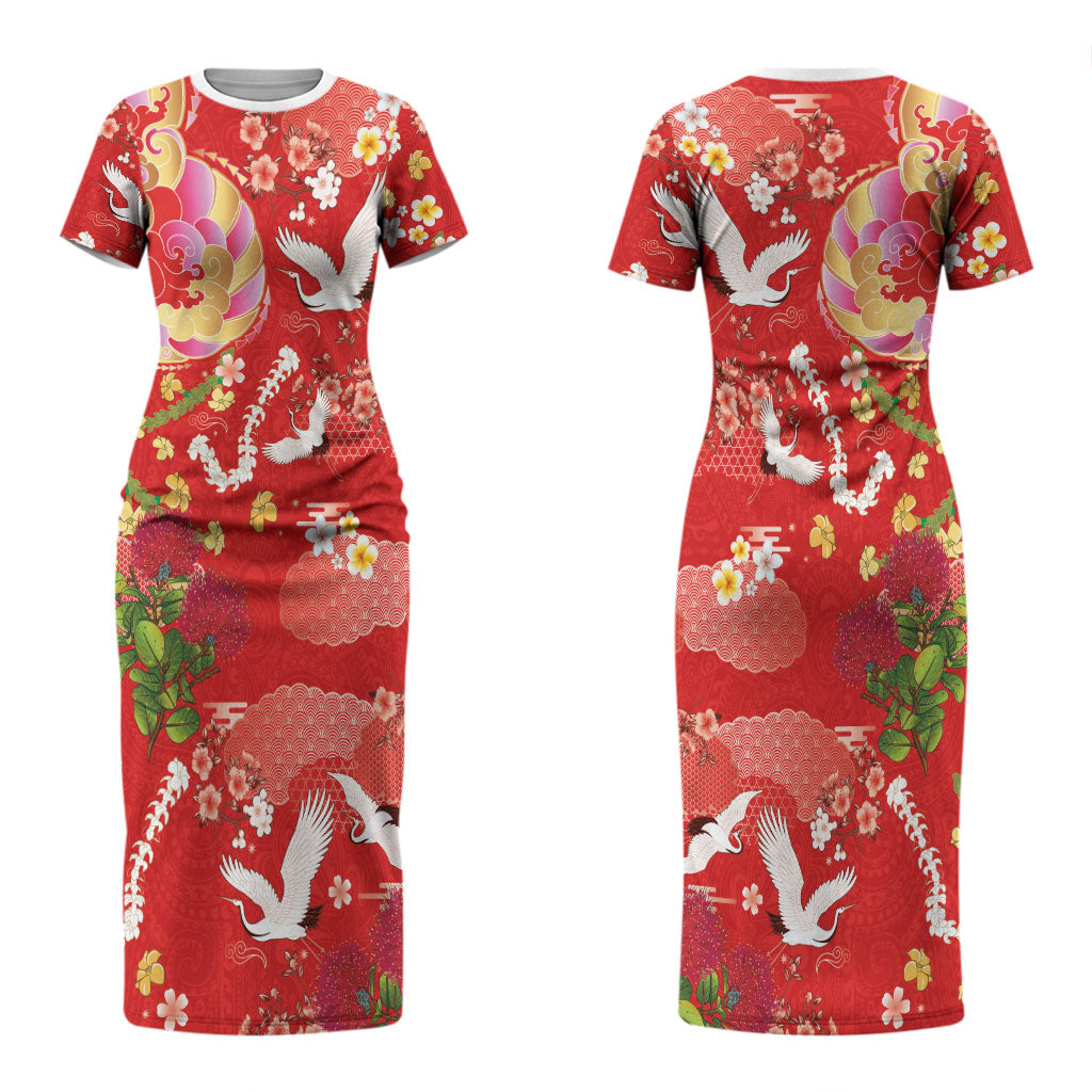 Hawaiian and Japanese Culture Together Couples Matching Short Sleeve Bodycon Dress and Hawaiian Shirt Kakau Tribal Pattern and Irezumi Art Red Color