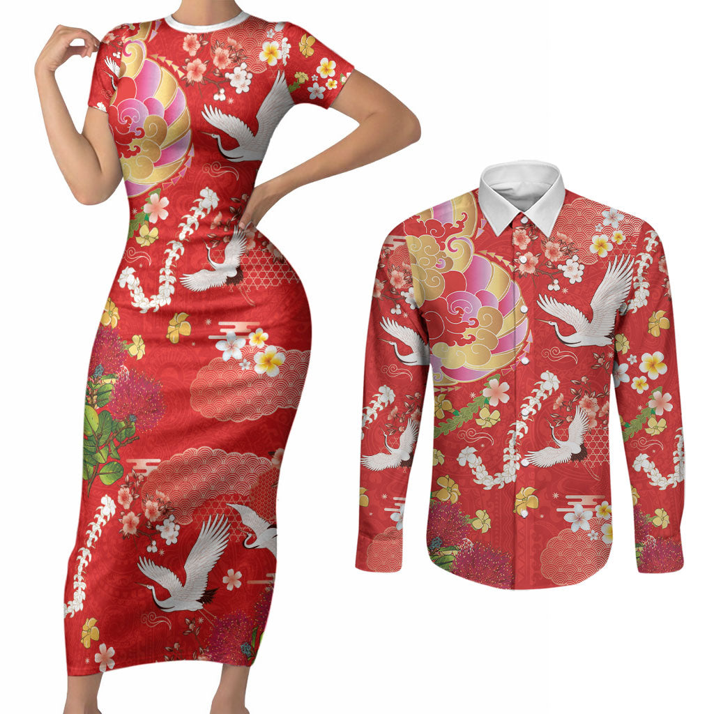 Hawaiian and Japanese Culture Together Couples Matching Short Sleeve Bodycon Dress and Long Sleeve Button Shirt Kakau Tribal Pattern and Irezumi Art Red Color LT03 Red - Polynesian Pride