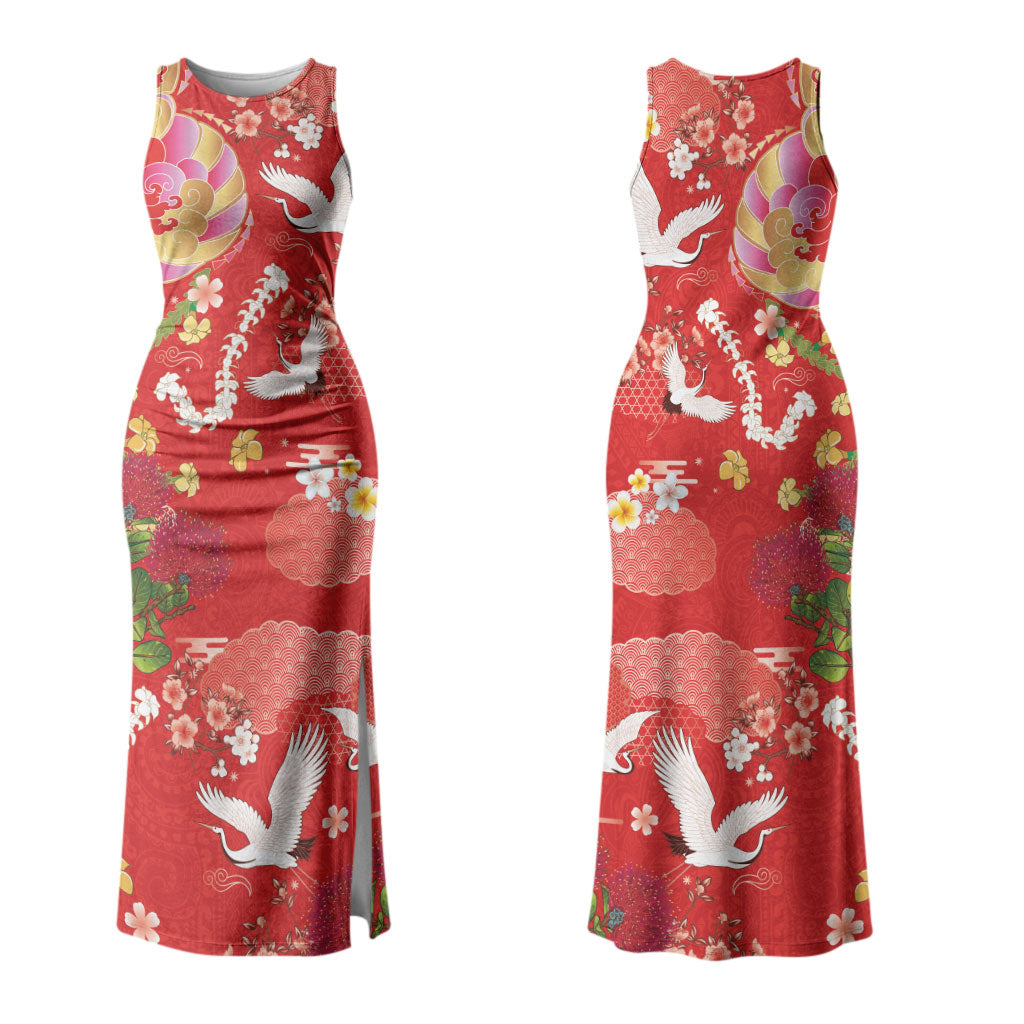 Hawaiian and Japanese Culture Together Couples Matching Tank Maxi Dress and Hawaiian Shirt Kakau Tribal Pattern and Irezumi Art Red Color