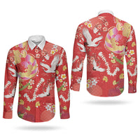 Hawaiian and Japanese Culture Together Couples Matching Tank Maxi Dress and Long Sleeve Button Shirt Kakau Tribal Pattern and Irezumi Art Red Color