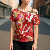Hawaiian and Japanese Culture Together Cross Shoulder Shirt Kakau Tribal Pattern and Irezumi Art Red Color