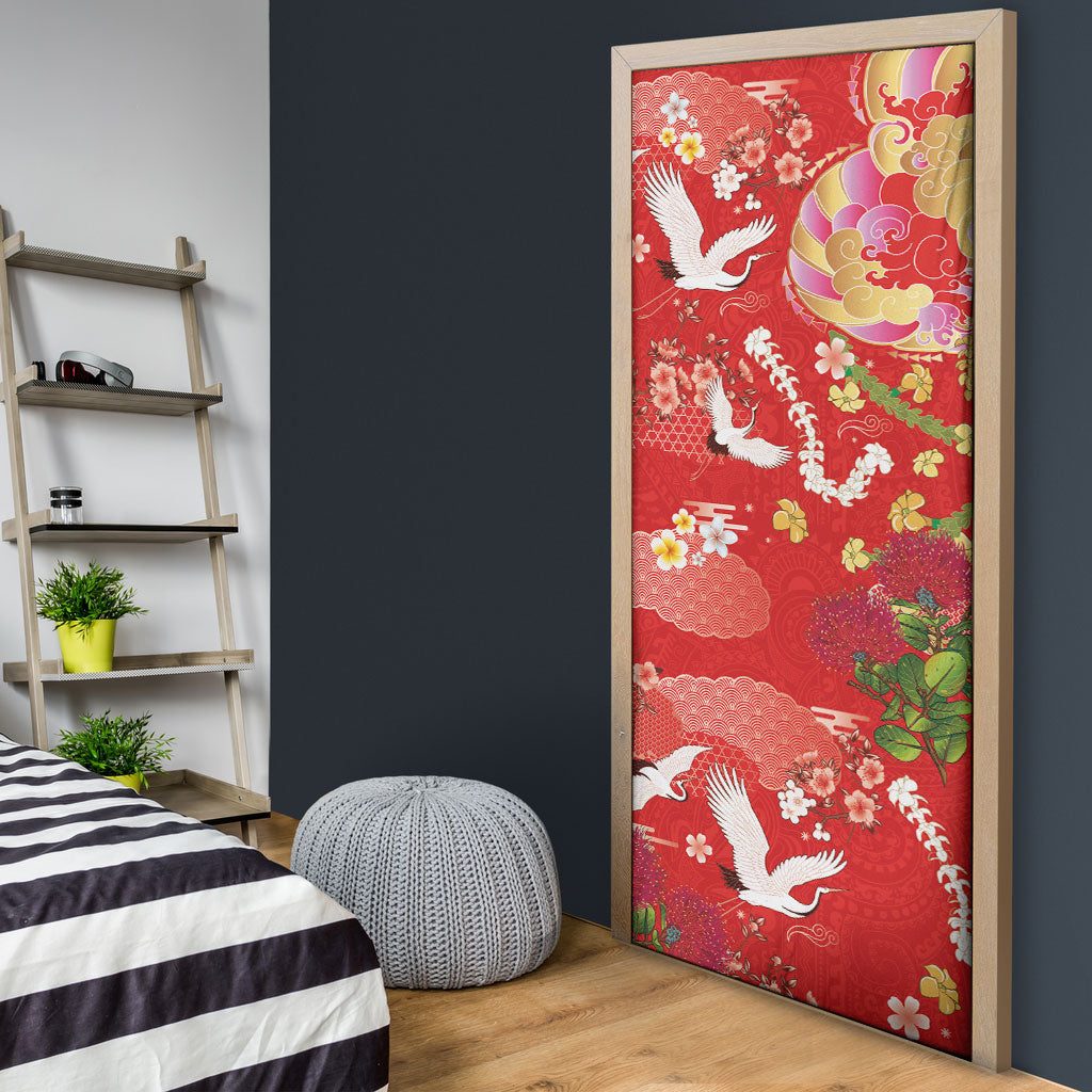 Hawaiian and Japanese Culture Together Door Cover Kakau Tribal Pattern and Irezumi Art Red Color