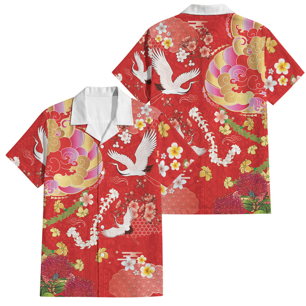 Hawaiian and Japanese Culture Together Family Matching Long Sleeve Bodycon Dress and Hawaiian Shirt Kakau Tribal Pattern and Irezumi Art Red Color