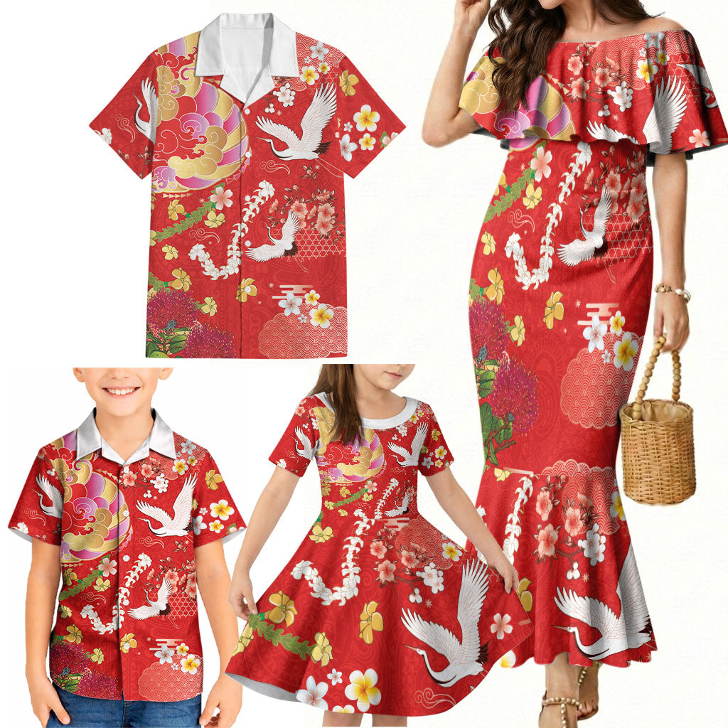 Hawaiian and Japanese Culture Together Family Matching Mermaid Dress and Hawaiian Shirt Kakau Tribal Pattern and Irezumi Art Red Color