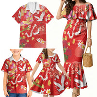 Hawaiian and Japanese Culture Together Family Matching Mermaid Dress and Hawaiian Shirt Kakau Tribal Pattern and Irezumi Art Red Color