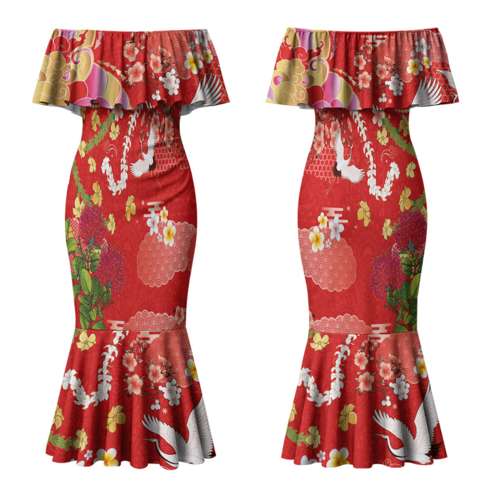 Hawaiian and Japanese Culture Together Family Matching Mermaid Dress and Hawaiian Shirt Kakau Tribal Pattern and Irezumi Art Red Color